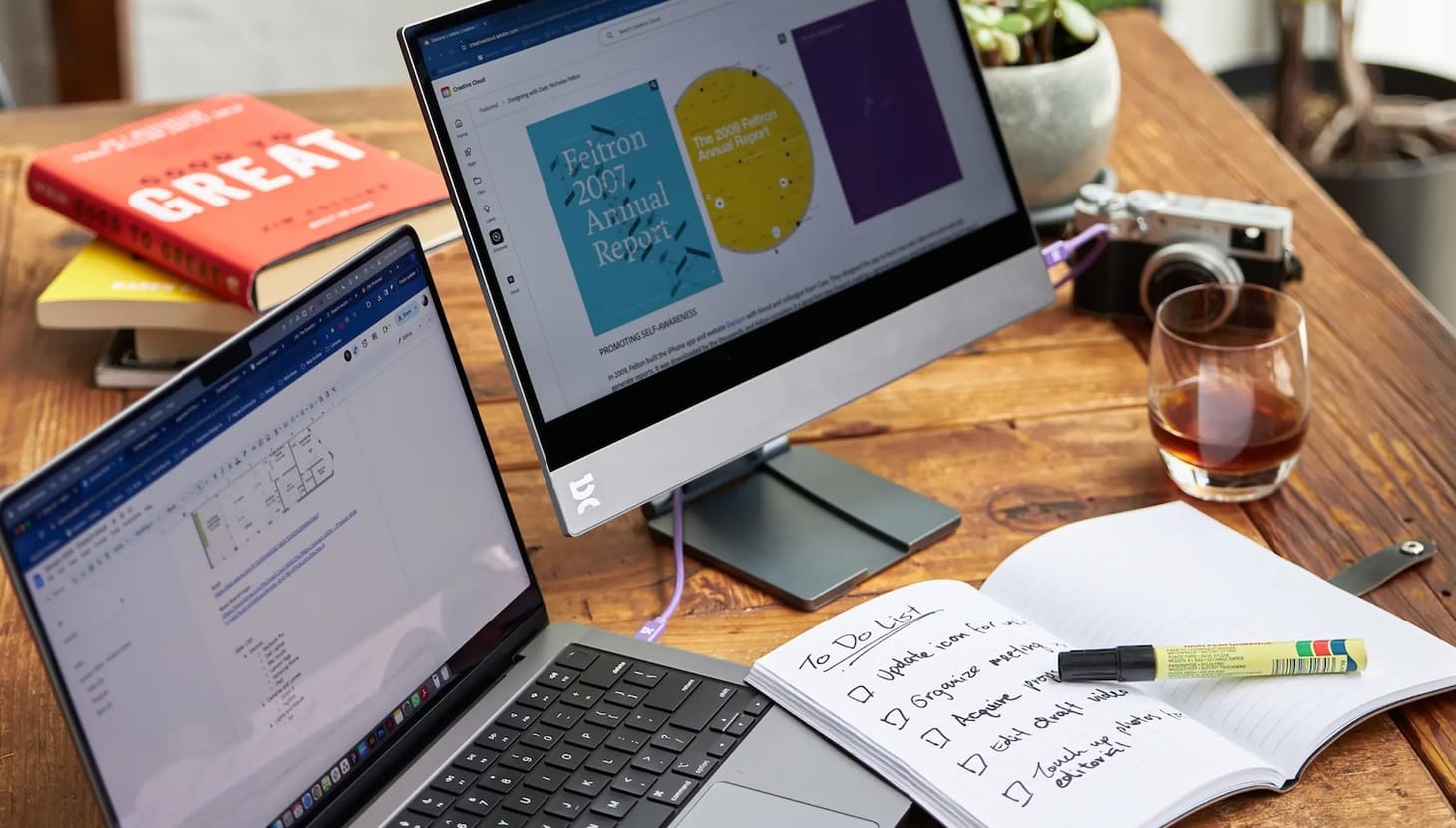 A laptop and Espresso display on a busy wooden table.