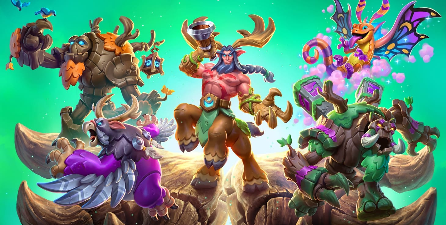 A group of five characters: Onu and Moonkin left, Cenarius centre, Ancient and Brightwing right.